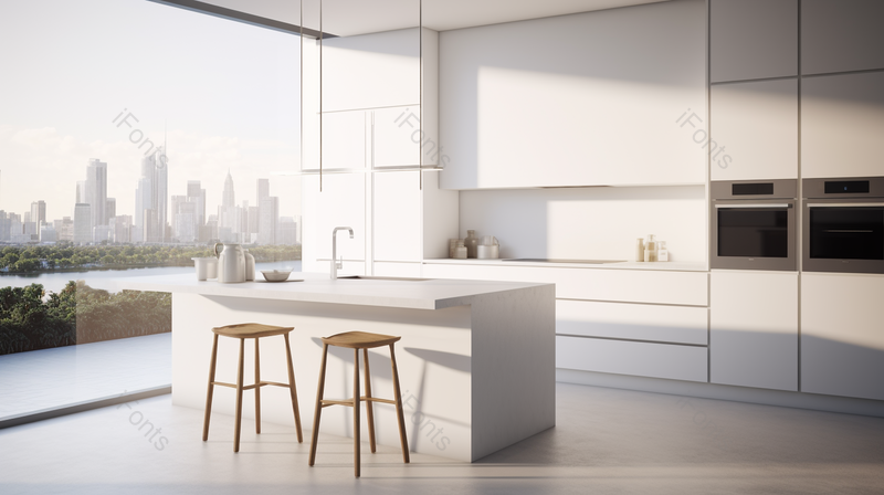 白色主题厨房布置了大的落地窗,高清,摄影图,摄影图片,图片大全,摄影图免费下载